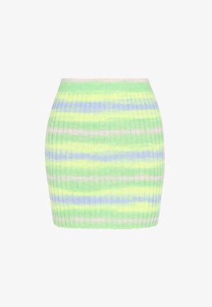 Mini spódnica z prążkowanej tkaniny, w poziome paski w kolorach zielonym, żółtym i niebieskim, w delikatnej pastelowej palecie kolorów oraz dopasowanym pasie.