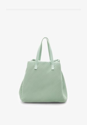 Mintgroene draagtas met diagonale ribbeltextuur, twee platte handvaten en een ruim ontwerp. Zacht materiaal met een gestructureerde vorm.