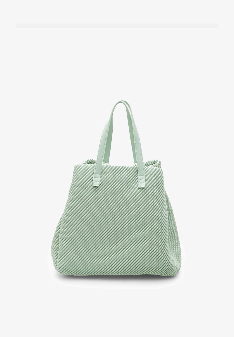 Tote torba v mint zeleni barvi z diagonalno rebrasto teksturo, dvema ravnima ročkama in prostornim dizajnom. Mehka materiala s strukturirano obliko.
