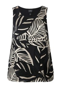 Top senza maniche con motivi di foglie neri e beige su un tessuto leggero. Collo rotondo con una leggera silhouette a forma A.