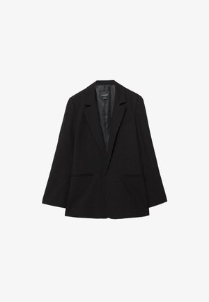 Blazer nero monopetto con rever a lancia, due tasche frontali e fodera interna liscia in raso.