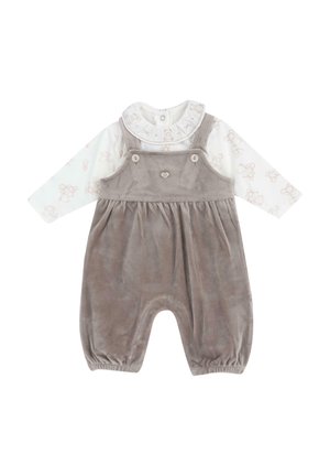 Blød grå fløjl babydragt med tilhæftet hvid langærmet skjorte med teddybjørneprint og en rundet krave med knaplukning.