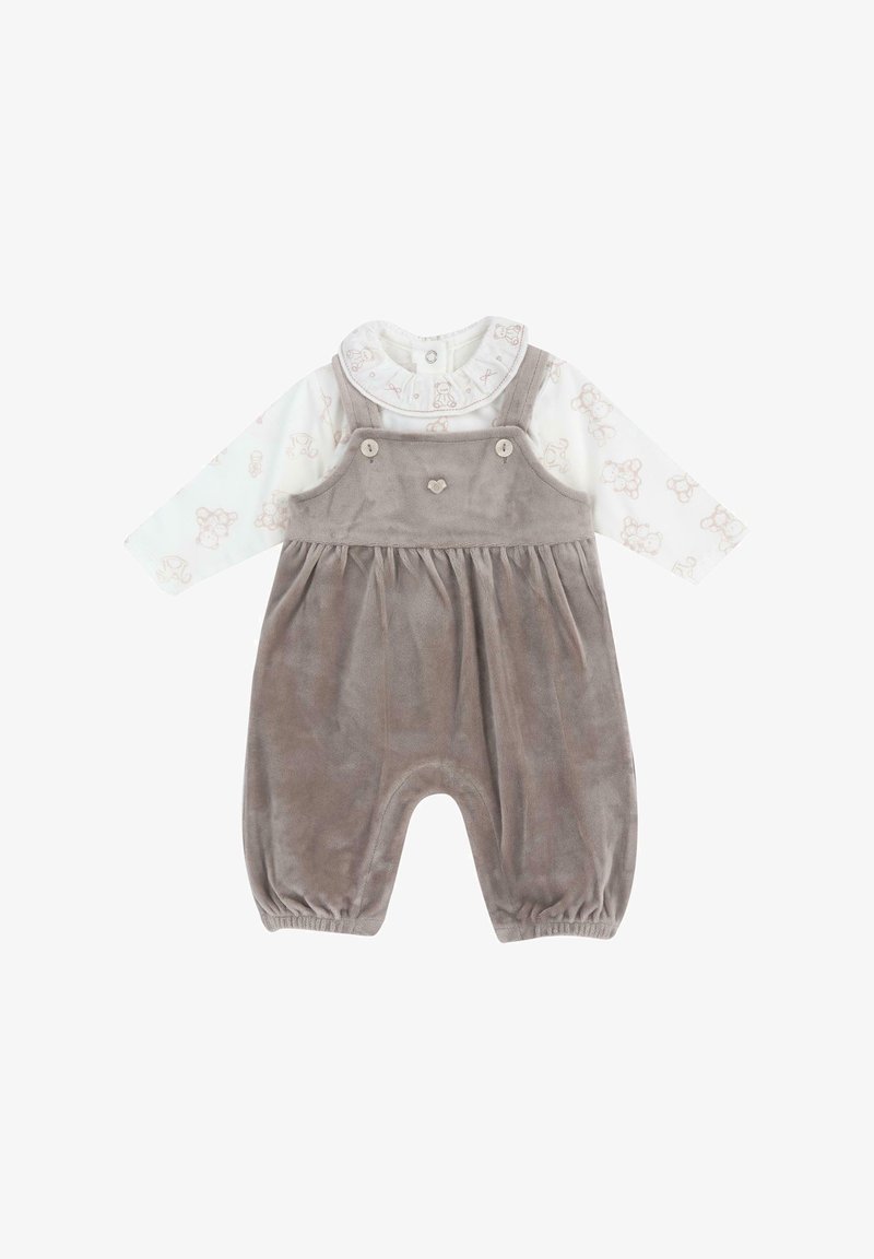 Body bébé en velours gris doux avec une chemise blanche à manches longues attachée, ornée d'imprimés d'ours en peluche et un col rond avec fermeture par boutons.