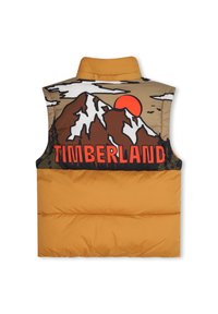 Gilet imbottito con design a blocchi di colore, grafica di montagna arancione e marrone, corpo giallo e lettering "TIMBERLAND" in evidenza.