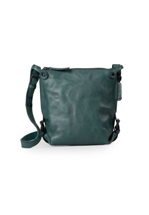 Borsa a tracolla in pelle color turchese con chiusura a zip, tracolla regolabile e bottoni a pressione. Texture liscia con un design quadrato minimalista.
