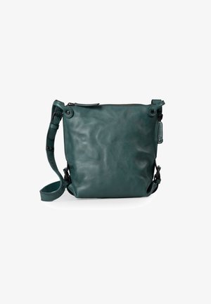 Borsa a tracolla in pelle color turchese con chiusura a zip, tracolla regolabile e bottoni a pressione. Texture liscia con un design quadrato minimalista.