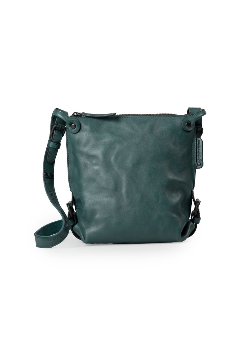 Borsa a tracolla in pelle color turchese con chiusura a zip, tracolla regolabile e bottoni a pressione. Texture liscia con un design quadrato minimalista.