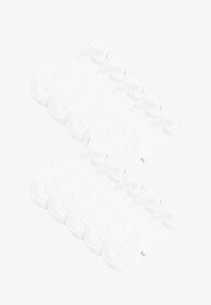 White ankle socks, made of soft cotton, featuring a ribbed cuff, smooth texture, and seamless toe design. Pack of ten pairs.