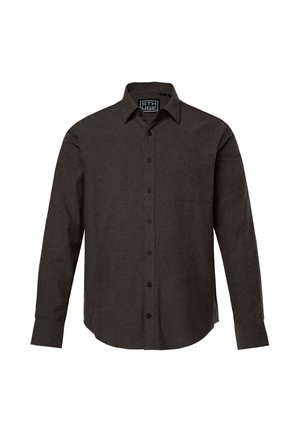 Camisa de manga larga gris oscuro hecha de un tejido texturizado, con cuello abotonado, bolsillo frontal y botones a juego.