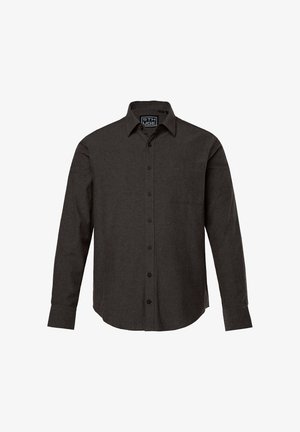 Dunkelgraues Langarmshirt aus strukturiertem Stoff, mit einem Button-Down-Kragen, einer Brusttasche und passenden Knöpfen.