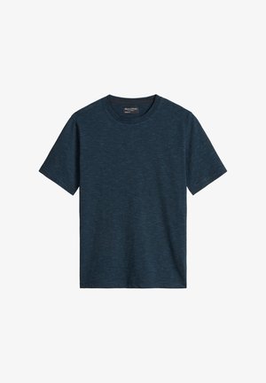 Navy blue short-sleeved t-shirt with subtle darker horizontal stripes, round neckline, and soft fabric texture.