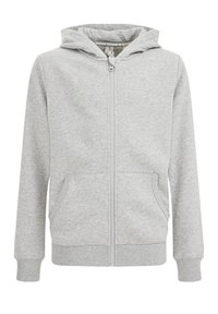 Šedá mikina na zip vyrobená z měkké bavlněné směsi. Obsahuje přední zip, dvě boční kapsy a kapuci s elastickými manžetami a lemem.