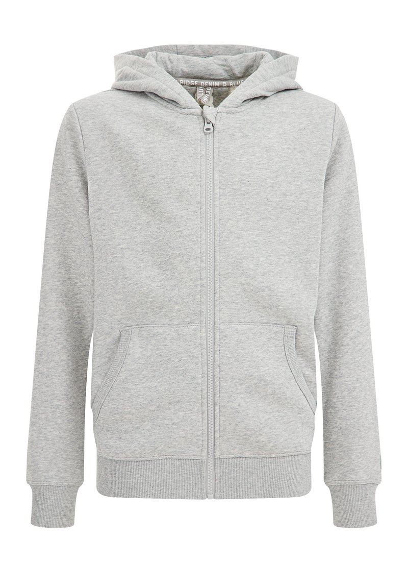 Šedá mikina na zip vyrobená z měkké bavlněné směsi. Obsahuje přední zip, dvě boční kapsy a kapuci s elastickými manžetami a lemem.