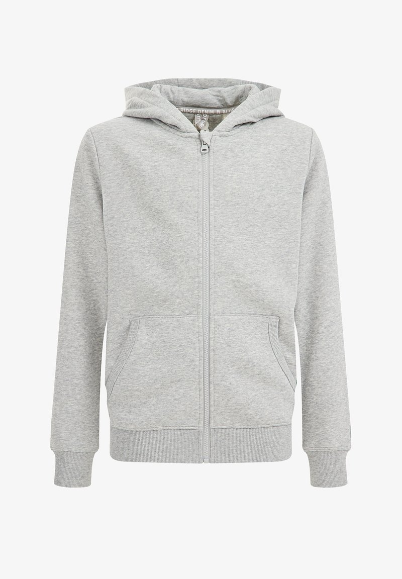 Sweat à zip gris fabriqué en mélange de coton doux. Il présente une fermeture éclair à l'avant, deux poches latérales et une capuche avec des poignets et un ourlet côtelés.