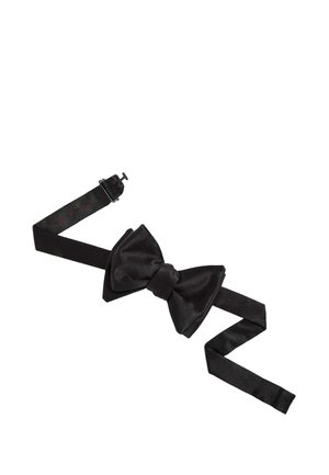 Sort satin forbundet butterfly med justerbar strop og krog lukning, lagt fladt på en hvid baggrund.
