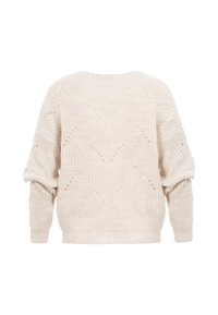 Pull tricoté de couleur crème avec manches longues et motif chevron texturé, présenté à plat sur un fond blanc.