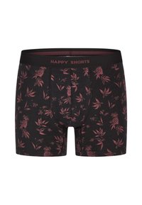 Boxer shorts neri con motivo floreale nelle tonalità del rosa, dotati di un elastico nero a tinta unita con la scritta "HAPPY SHORTS" stampata.