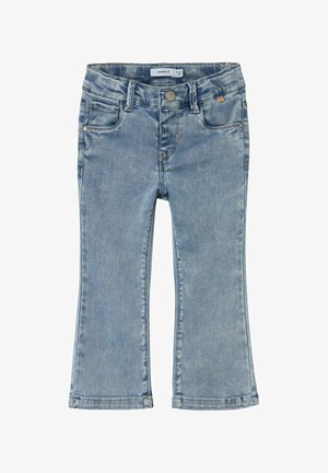 Lichtblauwe denim flared jeans met een knoopsluiting, vijf-pocket ontwerp en versleten accenten bij de zakken en onderkant.