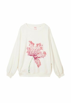 Weißer Pullover mit langen Ärmeln, vorne mit einem pinkfarbenen Blumendesign, Rundhalsausschnitt sowie gerippten Bündchen und Saum.