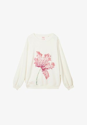 Weißer Pullover mit langen Ärmeln, vorne mit einem pinkfarbenen Blumendesign, Rundhalsausschnitt sowie gerippten Bündchen und Saum.