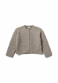 Beige neulecardigan, jossa on pitkät hihat, pyöreä kaula-aukko ja viisi nappia edessä. Rakeinen kangas, joka näyttää pehmeältä. Lyhennetty malli.