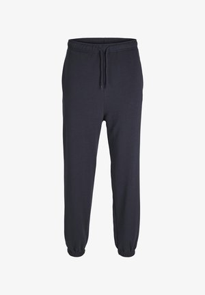 Navy blue jogger pants made from soft fabric, featuring an elastic waistband with drawstring and elastic cuffs at the ankles.