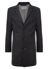 Cappotto elegante da uomo grigio scuro, con tre bottoni, rever a pico e foderato con motivo a scacchi all'interno, etichetta del brand visibile all'interno del colletto.