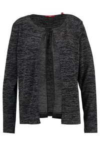 Öppen cardigan i en strukturstickad svart och grå färg, med långa ärmar och avslappnad passform. Har en rak nederkant och inga knäppningar.