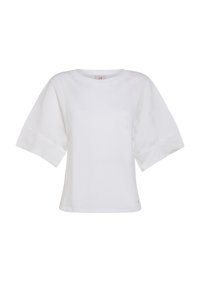 Blusa blanca de manga corta con mangas anchas y escote redondo, exhibida sobre un fondo blanco.