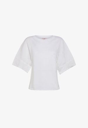 Weiße, kurzärmelige Bluse mit weiten Ärmeln und rundem Ausschnitt, vor weißem Hintergrund präsentiert.