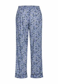 Light blue pajama pants with a floral print, elastic waistband, and contrasting black trim at the cuffs. Soft, lightweight fabric.