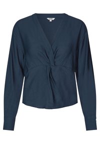 Top blu navy a maniche lunghe con scollatura a V e design anteriore attorcigliato, realizzato in tessuto morbido, caratterizzato da una vestibilità comoda e polsini sagomati.