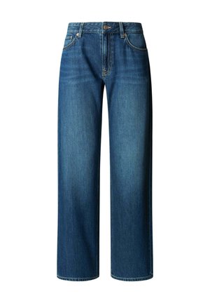 Jean en denim bleu coupe droite avec fermeture avant par boutons et zip, passants pour ceinture, et classique design à cinq poches.