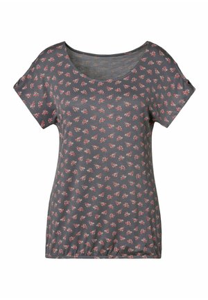 Gray short-sleeve t-shirt with a scoop neckline, featuring a floral pattern in red and white, made of soft fabric with a relaxed fit.