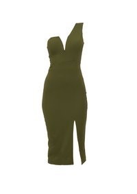 Εφαρμοστό φόρεμα σε ελιά πράσινο με βαθύ V-λαιμόκοψη, έναν ιμάντα στον έναν ώμο και σκίσιμο μέχρι τον μηρό. Κατασκευασμένο από λεία, ελαστική ύλη.