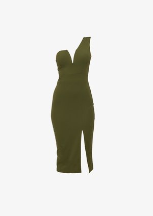 Robe ajustée vert olive avec un décolleté en V profond, une bretelle sur une épaule et une fente haute sur la cuisse. Fabriquée en matériau lisse et extensible.