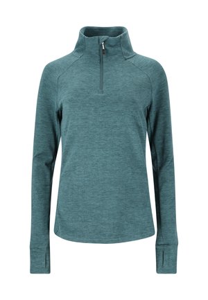 Teal, langekous pullover gemaakt van een gemêleerde, zachte stof. Bevat een ritskraag tot een kwart en aansluitende manchetten met duimopeningen voor een betere pasvorm.