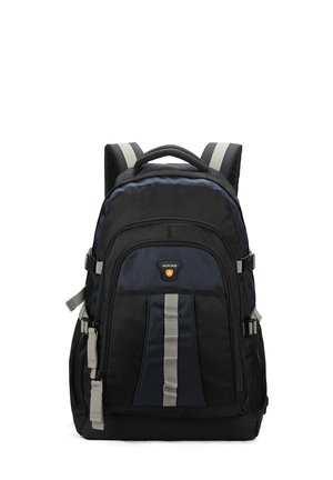 Schwarzer und dunkelblauer Rucksack mit mehreren Fächern, grauem vertikalem Gurt vorne, gepolsterten Schultergurten und seitlichen Netztaschen.