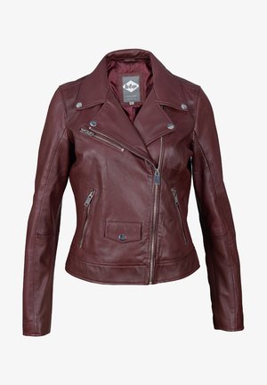 Burgunderrote Leder-Motorradjacke mit Reverskragen, asymmetrischem Reißverschluss und mehreren Reißverschlusstaschen. Glatte Textur und taillierte Passform.