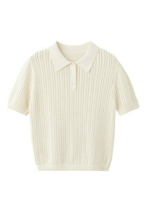 Cream-colored short-sleeve knit polo shirt with a pointed collar, three-button placket, and vertical textured stripe pattern.