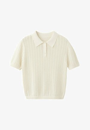 Cream-colored short-sleeve knit polo shirt with a pointed collar, three-button placket, and vertical textured stripe pattern.