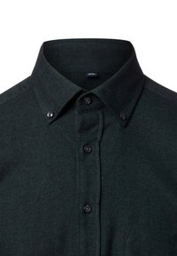 Donkergroene herringbone-gepatroneerde shirt met een button-down kraag, voorzien van zwarte knopen en een gestructureerde stof.