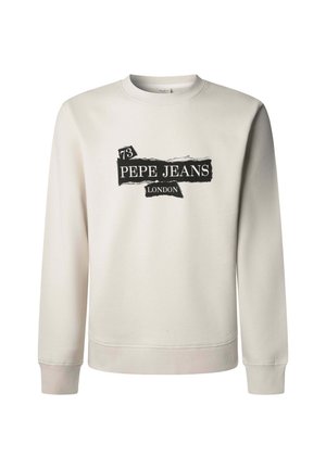 Krēmkrāsas džemperis ar garām piedurknēm un ribota auduma manžetēm. Dizainā ir melns grafiskais attēls ar uzrakstu "PEPE JEANS LONDON" un nolietotām detaļām.