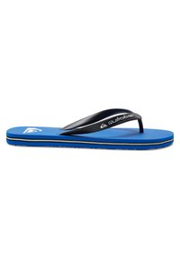 Blå flip-flop med svart gummistropp, teksturert såle og hvit logo. Har en flersjikts såle med blå og hvite striper.