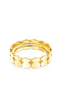 Bracciale in oro con un design a catena di forme scallopate, con elementi lucidi e texture, che ne esaltano la profondità visiva.