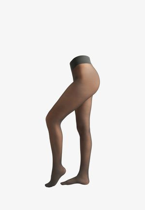 Svarta genomskinliga strumpbyxor med en fast, hög midja. Tyget är slätt och semi-opaque, som sträcker sig från midjan ner till tårna.