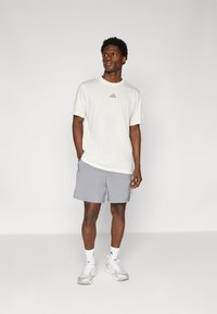 Vaalea beige lyhythihainen t-paita, jossa on pieni punainen logo, yhdistettynä harmaisiin shortseihin. Mallilla on päällään valkoiset tennislenkkarit ja urheilusukat.