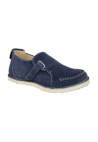 Marineblaue Wildlederschuhe mit einem Slip-On-Design, kontrastierenden weißen Nähten und einem Klettverschluss für einen sicheren Sitz. Flache Gummisohle.