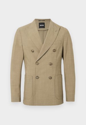 Bežs divrindu žakets ar sešām pogām, plašiem atloku un kabatām ar flīzēm, kā arī "BOSS" birka iekšējā apkaklē.