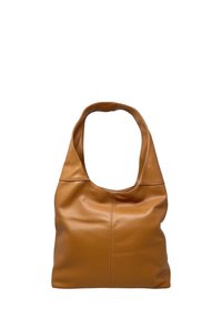 Borsa a tracolla in pelle marrone con un design morbido e arrotondato e un'ampia tracolla singola. Presenta una texture liscia e dettagli di cucitura discreti.
